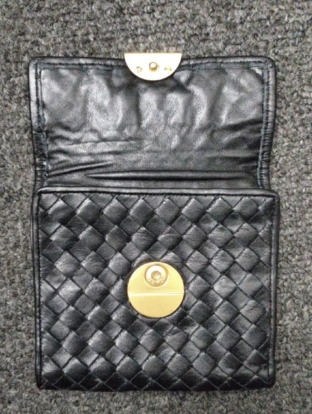 JAY HERBERT Black Woven Leather Compact Wallet with Gold Accent